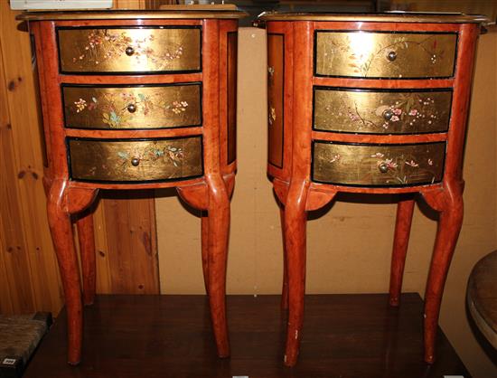 Pair of three drawer oval bedside chests